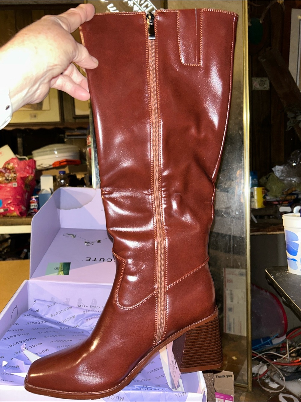 Women's Tall Brown Leather Block Heel Boots